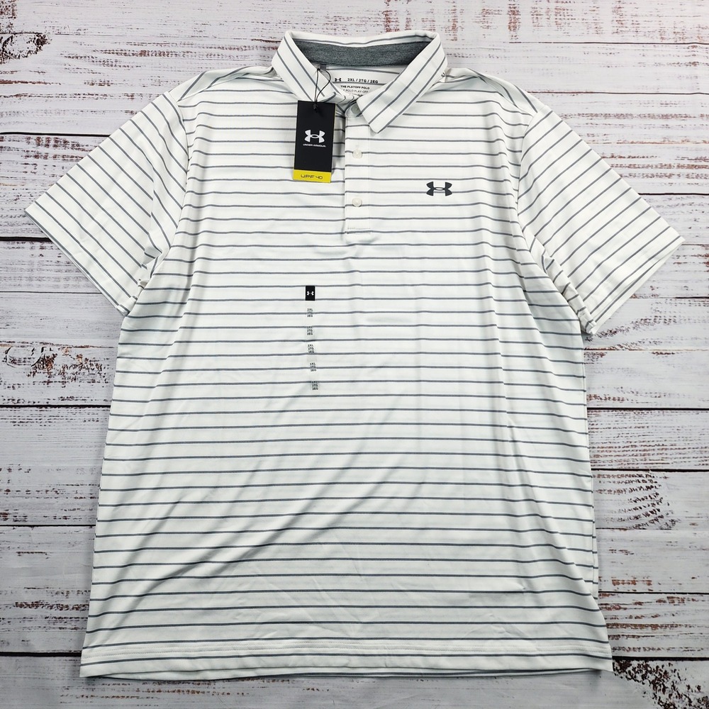 Under Armour NWT Playoff Polo Tour Stripe Mens 2XL White Gray Golf UPF 40